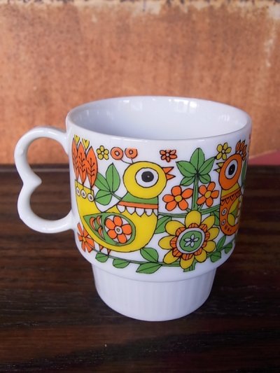 画像2: アンティーク　マグカップ　陶器　プリント　鳥と花　ビンテージ