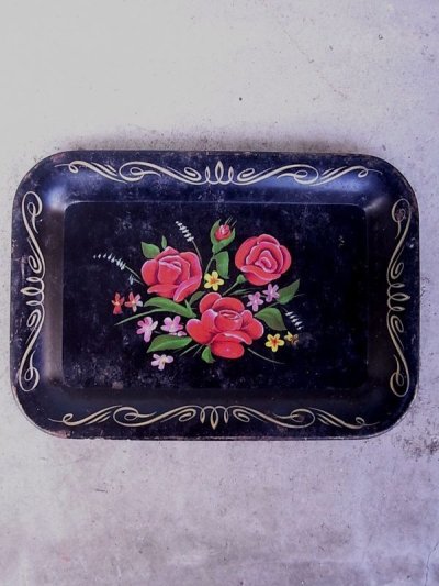 画像1: アンティーク　カルトン　carton　キャッシュトレー　ティントレイ　カーリー　OLD ピンスト　花柄　ブラック　ビンテージ　　　