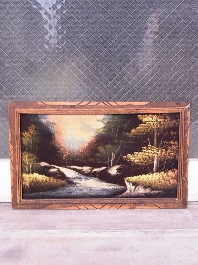 画像1: アンティーク　絵画　ベルベットアート　額縁付　ウッドフレーム　渓流　森林　ビンテージ