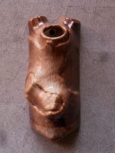 画像1: ミッドセンチュリー　花瓶　フラワーベース　ウッド風　陶器　壁掛け　アンティーク　ビンテージ