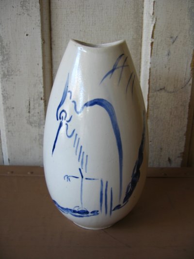 画像1: 花瓶　絵柄　サギ　鳥　フラワーベース　陶器　雪舟みたいです。　アンティーク　ビンテージ