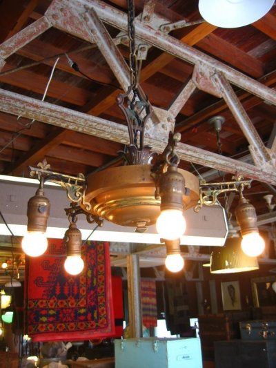 画像1: 1920’S　パンランプ　シーリングライト　アールデコ　5灯　シャンデリア　ベアバルブ　装飾　真鍮　アイアン　アンティーク　ビンテージ