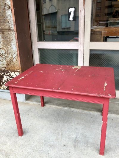 画像1: 1930'S 40'S　木製テーブル　ウッドテーブル　ダイニングテーブル　シャビーシック　朱色　ピンクレッド　店舗什器　アンティーク　ビンテージ