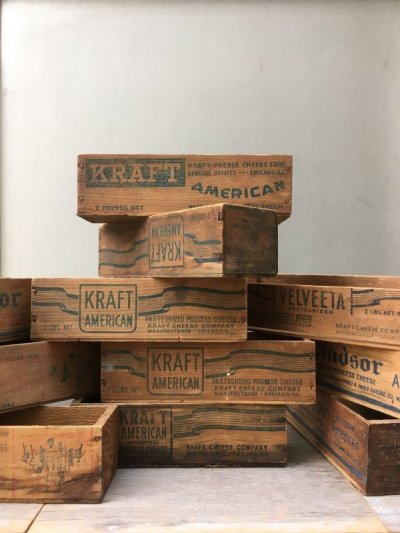 画像1: 1930'S 40'S 50'S　CHEESE CRATE　チーズBOX　チーズクレート　ショップカード　ホルダー　名刺入れ　WINDSOR　VELVEETA　KRAFT AMERICAN　ウッドボックス　ミニ 木箱　チーズボックス　アドバタイジング　アンティーク　ビンテージ