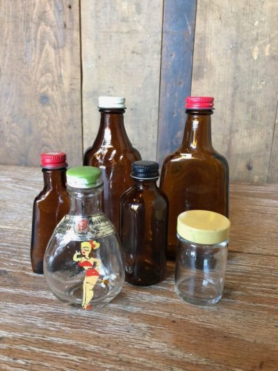 画像2: 1950'S 60'S 70'S　バラエティーセット　シロップ　ウイスキー　メディスン　ボトル　6本セット　瓶　クリアーガラス　アンバーガラス　ピンナップガール　アンティーク　ビンテージ