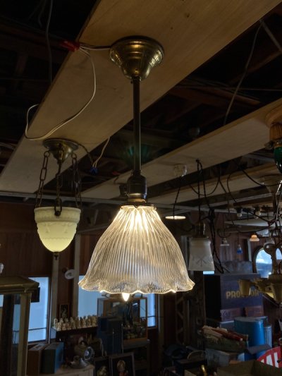 画像1: 1910'S 20'S　GE　ジェネラルエレクトリック　ホロフェーン　HOLOPHANE　シーリングライト　1灯　リフレクターカット　ガラスシェード　ペンダントライト　装飾　アンティーク　ビンテージ