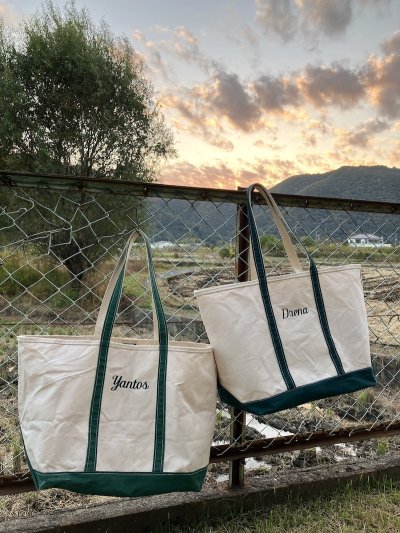 画像1: 1990'S　Y2K　大型　L.L.BEAN　Vintage　Boat and Tote　モノグラム　ボートアンドトート　エルエルビーン　L.L.ビーン　ビーントート　ロングハンドル　エクストララージ　X-LARGE　MADE IN USA　グッドコンディション　GREEN　D.GREEN　帆布　ビンテージ