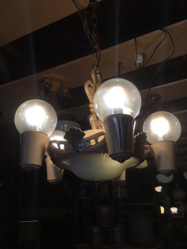 1930'S アンティーク アールデコ ペンダントランプ 5灯+2灯 装飾 シャビーホワイト シャンデリア 吊り下げランプ /// ロスト