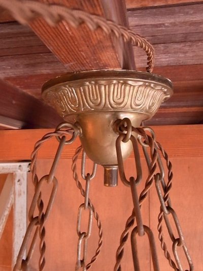 画像1: アンティーク　アールデコ　１９２０年代頃　ガス灯シェード　ドームシェード　装飾ミルクガラスシェード付　ペンダントランプ　1灯＋4灯　4連チェーン　ビンテージ