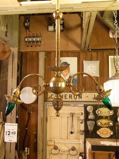 画像1: アンティーク　19世紀後半　ガス灯改　ソリッドブラス　シーリングライト　ベアバルブ　2灯　2又　1890-1900's　装飾　ビンテージ