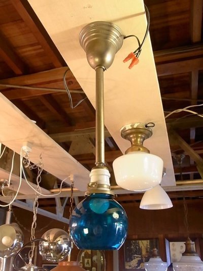 画像2: 1910'S 20'S　トレインランプ　色付きガラスシェード　 ペンダントランプ　1灯　シーリングライト　ブルー   アンティーク　ビンテージ
