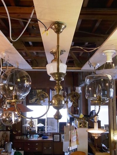 画像1: アンティーク　19世紀後半　ガス灯　改　スモーククリアガラスシェード　シーリングライト　2灯　1890-1900's　ビンテージ