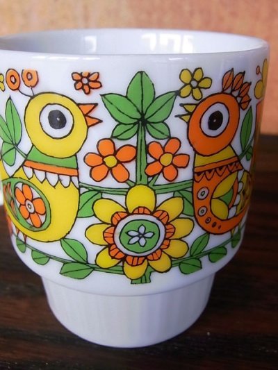 画像1: アンティーク　マグカップ　陶器　プリント　鳥と花　ビンテージ
