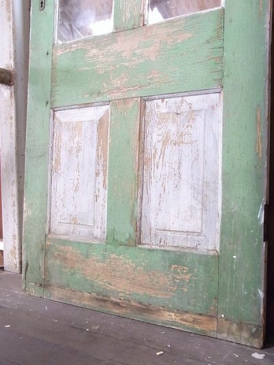 画像1: アンティーク　2分割ガラス窓付木製ドア　ピンク/グリーン×グリーン/ブルー　シャビー　ビンテージ