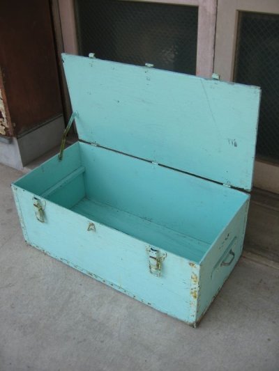 画像1: ウッドボックス　ペパーミントグリーン　木箱　ツールボックス　ストレージボックス　取手付き　シャビーペイント　アンティーク　ビンテージ