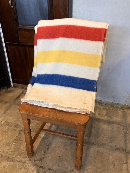 画像1: 1950'S　J.C.PENNY CO.Inc　Golden Down　ALL WOOL BLANKET　ペニーズ　J.C.ペニー　ウール ブランケット　マルチカラー　ストライプ　キャンプ　アウトドア　ハドソンベイ風　アンティーク　ビンテージ (1)