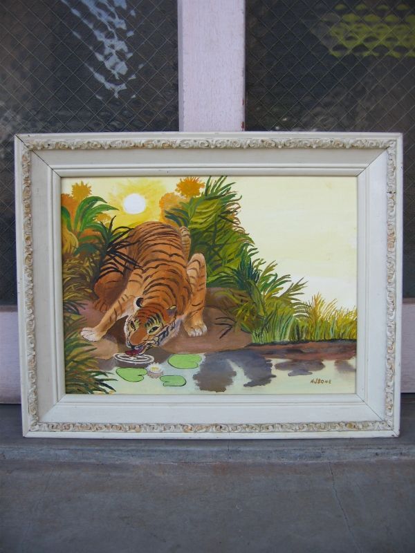 タイガー 虎 絵画 ビクトリアンホワイトウッドフレーム 装飾