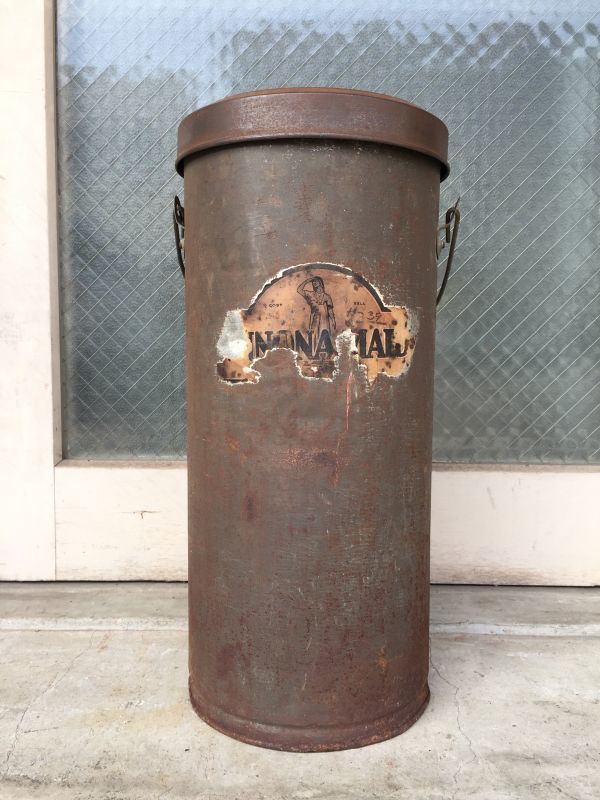 1910'S 20'S　ティン缶　アドバタイジング缶　トラッシュカン　ゴミ箱　傘立て　ブリキ　シャビーシック　ウッドハンドル　蓋付　アドバタイジング　 アンティーク　ビンテージ
