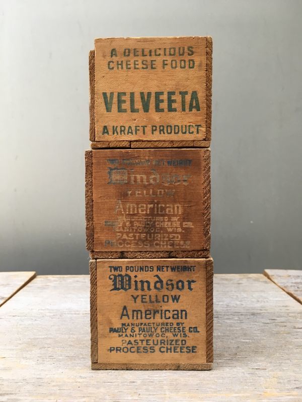 1930'S 40'S 50'S　CHEESE CRATE　チーズBOX　チーズクレート　ショップカード　ホルダー　名刺入れ　WINDSOR　 VELVEETA　KRAFT AMERICAN　ウッドボックス　ミニ 木箱　チーズボックス　アドバタイジング　アンティーク　ビンテージ
