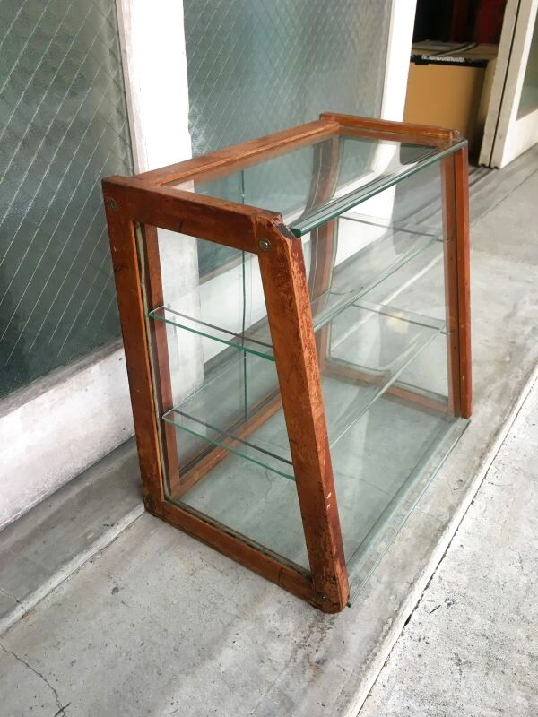 1940'S 50'S 木製枠 全面ガラス ショーケース 展示ケース ディスプレイケース ショップ什器 店舗什器 カウンタートップケース 3段 ウッド  クリアガラス ジュエリーショップ アクセサリーショップ アンティーク ビンテージ