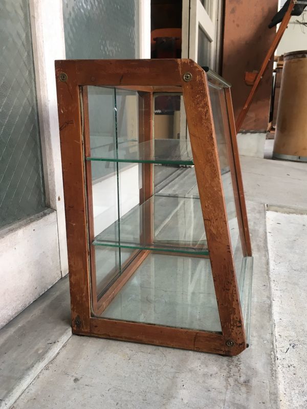 1940'S 50'S　木製枠　全面ガラス　ショーケース　展示ケース　ディスプレイケース　ショップ什器　店舗什器　カウンタートップケース　3段　ウッド　 クリアガラス　ジュエリーショップ　アクセサリーショップ　アンティーク　ビンテージ